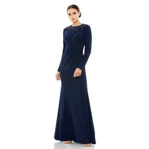 Mac Duggal High Neck Front Twist Long Sleeve Trumpet Gown in Midnight Size 2